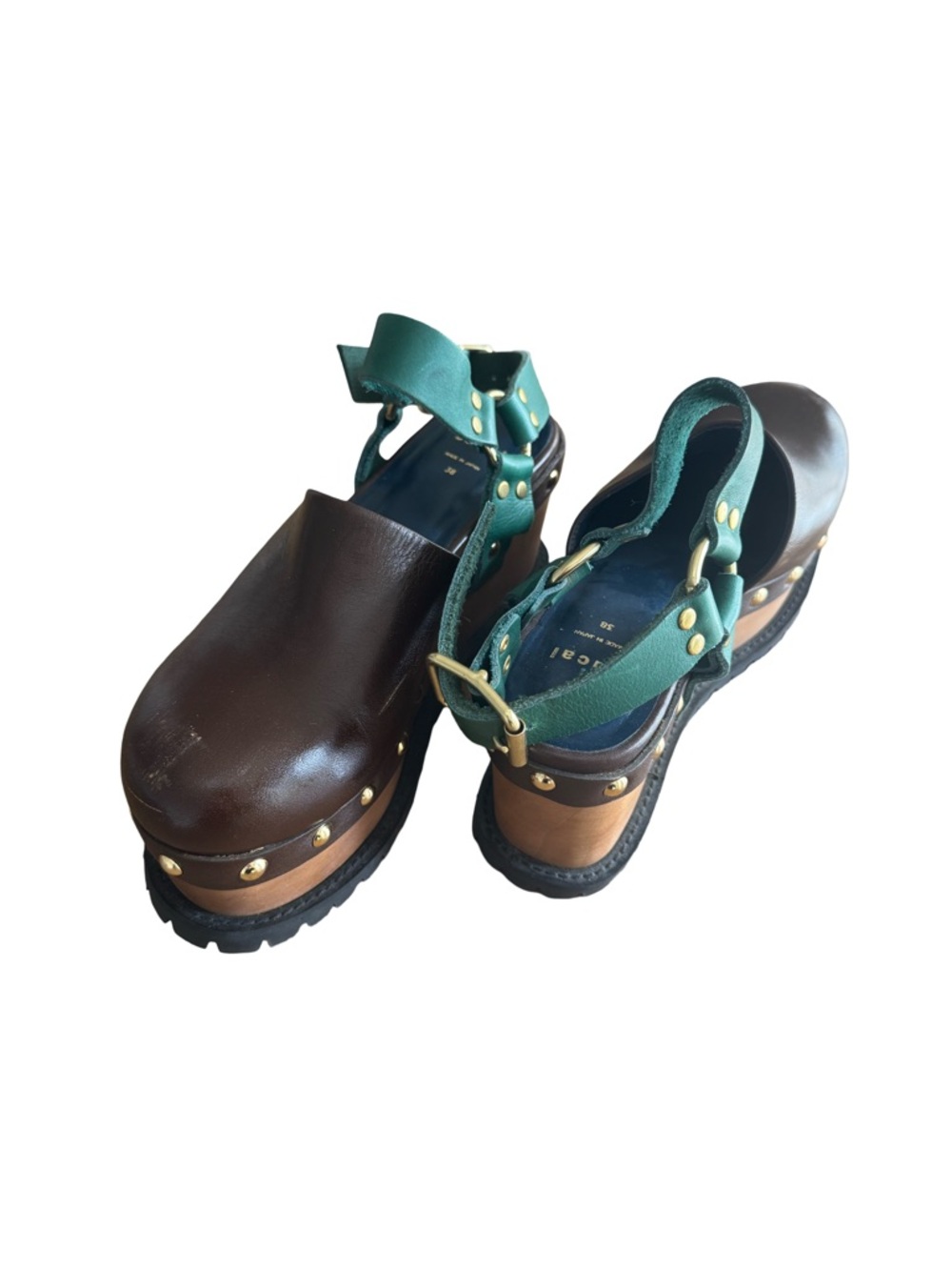 Sacai Wooden Wedge Stud Colourblock Leather Clogs - Picture 7 of 9